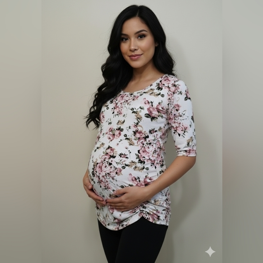 Duetime Maternity Women's White Floral Print Short Sleeve T-Shirt Size Med 🐈